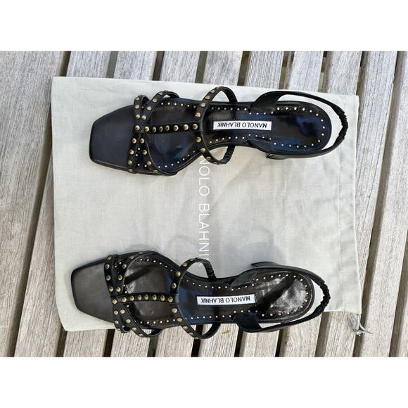 MANOLO BLAHNIK Luce Black Leather T-Strap Sandal, 50mm, 38 Retail $845 - Picture 4 of 10